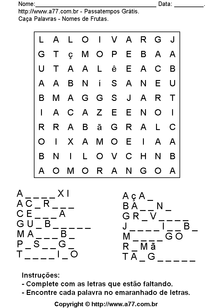 Caça Palavras Para Imprimir: Nomes de Frutas.