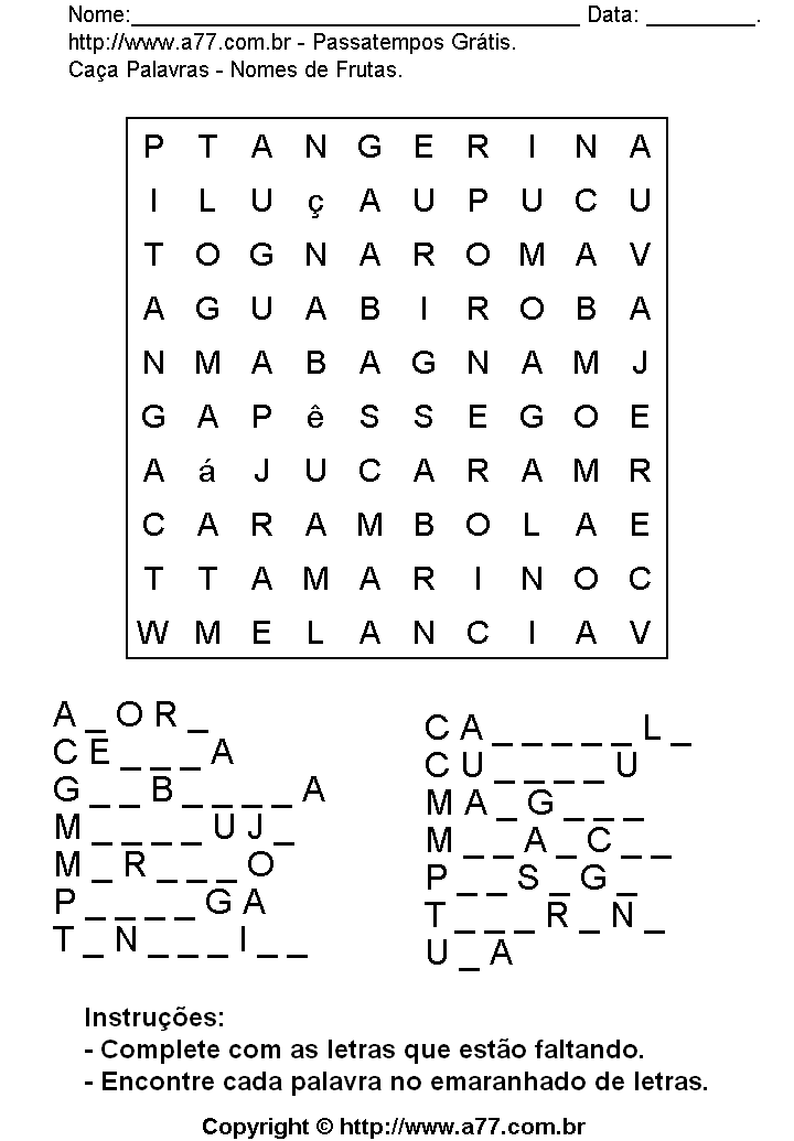 Caça Palavras Para Imprimir: Nomes de Frutas.