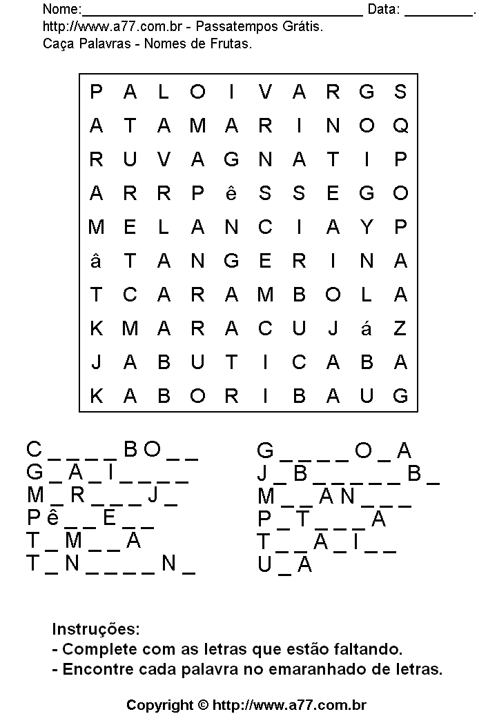 Jogo Caça Palavras Para Imprimir Com Substantivos Diversos Passatempo Grátis.  Passatemo Nº 83.