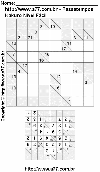 Jogo de Kakuro Para Impressão Com Respostas