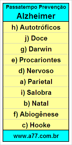 Gabarito Palavra Cruzada de Ciências