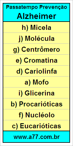Gabarito Palavra Cruzada de Ciências