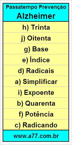 Gabarito Palavra Cruzada de Matemática