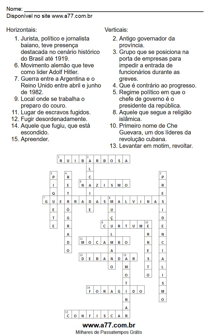 Cruzadinha de Conhecimentos Gerais com Respostas Para Imprimir