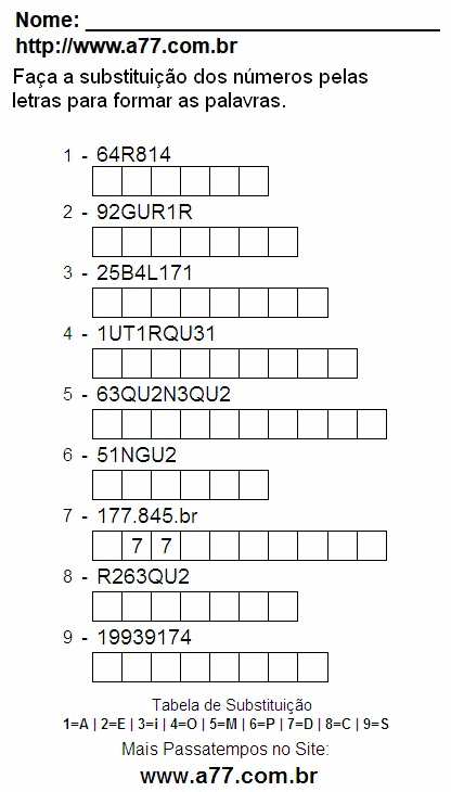 Passatempo de Substituir Nº Por Letras Para Impressão