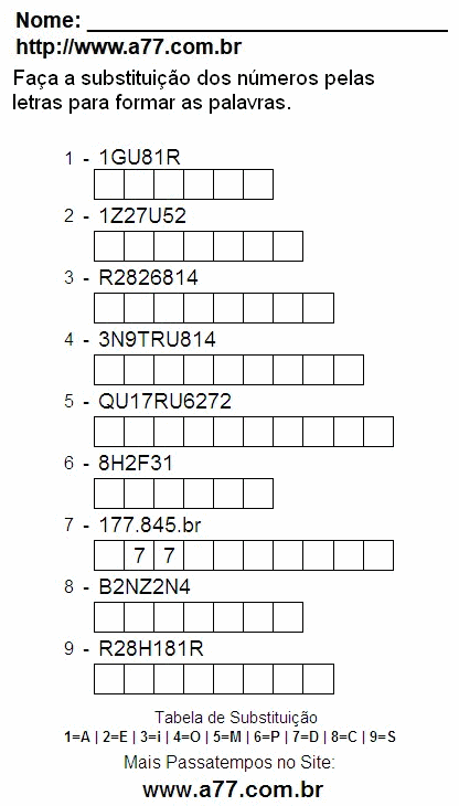 Passatempo de Substituir Números Por Letras Para Imprimir