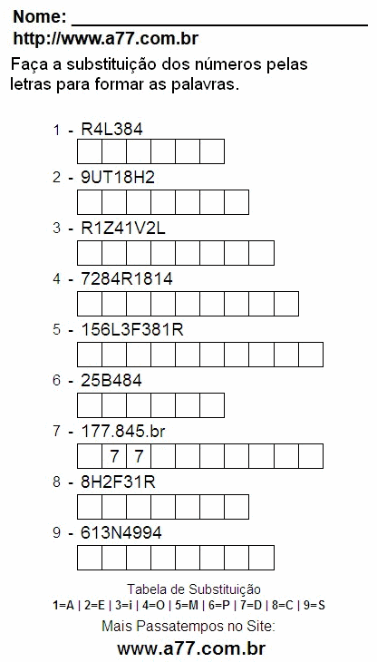 Passatempo Grátis Com Letras e Números Para Imprimir