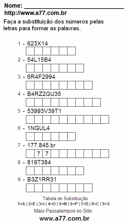 Passatempo Grátis Com Letras e Números Para Ser Impresso
