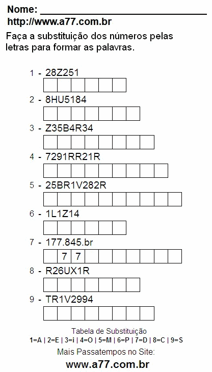 Passatempo Para Ser Impresso Com Letras e Números