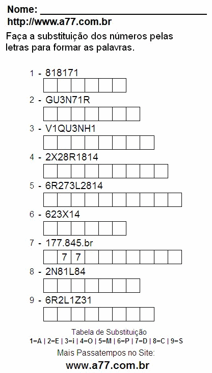 Passatempo Enigma de Letras e Números Para Imprimir
