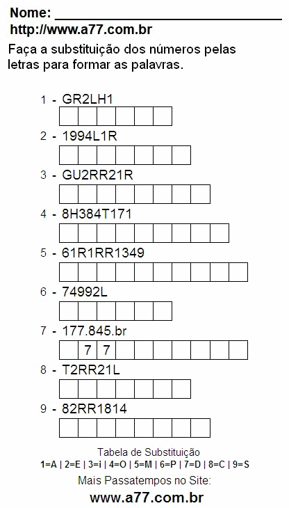 Passatempo Com Letras e Números Para Imprimir