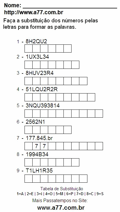 Passatempo de Substituir Números Por Letras Para Impressão
