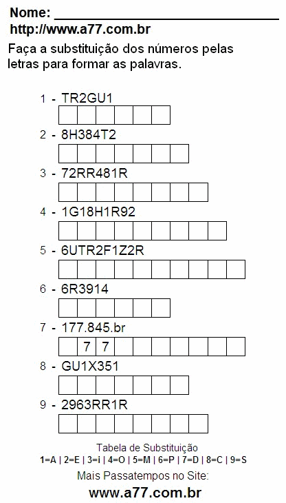 Passatempo Grátis Com Letras e Números Para Impressão