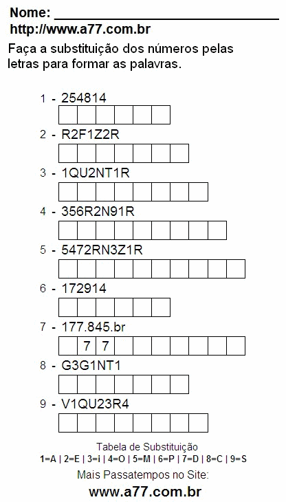 Passatempo Grátis Com Letras e Números Para Ser Impresso