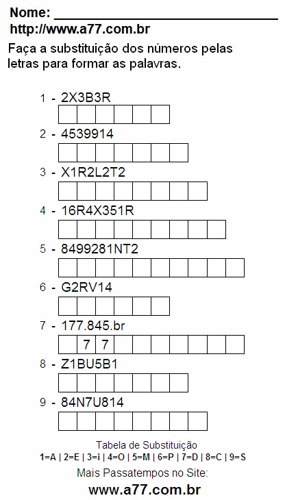 Passatempo de Substituir Nº Por Letras Para Imprimir