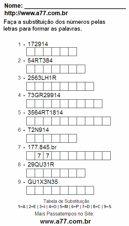 Passatempo de Substituir Números Por Letras Para Imprimir