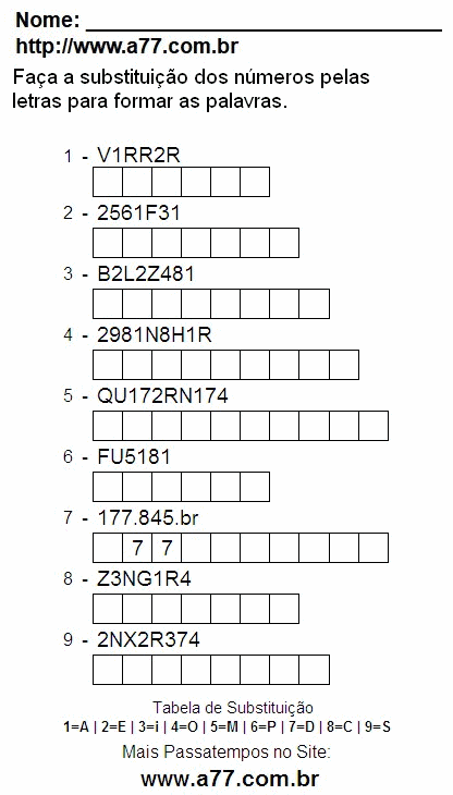 Passatempo Enigma de Letras e Números Para Ser Impresso