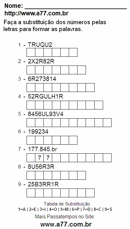Passatempo Enigma de Letras e Números Para Imprimir