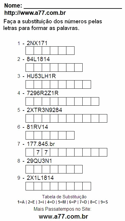 Passatempo Com Letras e Números Para Imprimir