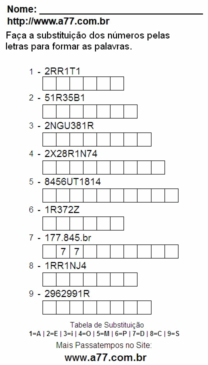 Passatempo de Substituir Números Por Letras Para Impressão
