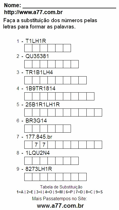 Passatempo Grátis Com Letras e Números Para Imprimir
