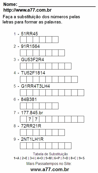 Passatempo Grátis Com Letras e Números Para Impressão