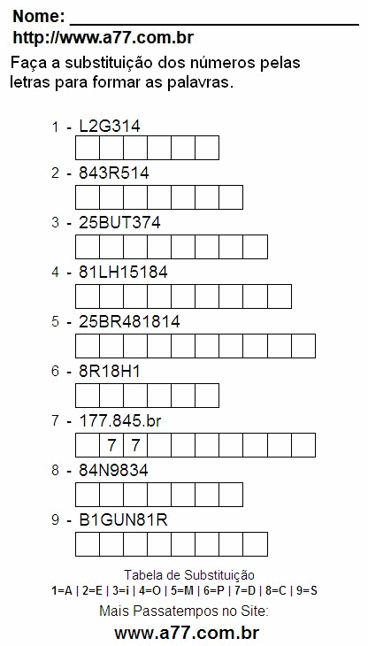 Passatempo Enigma de Letras e Números Para Imprimir