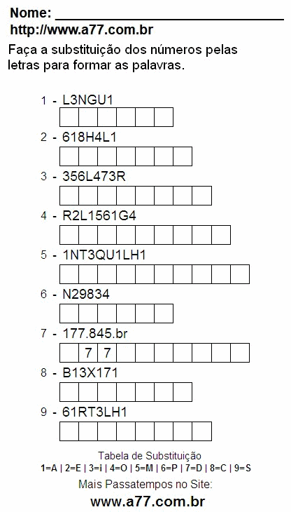 Passatempo de Substituir Números Por Letras Para Impressão