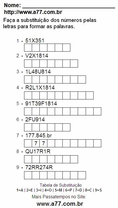 Passatempo de Substituir Nº Por Letras Para Impressão