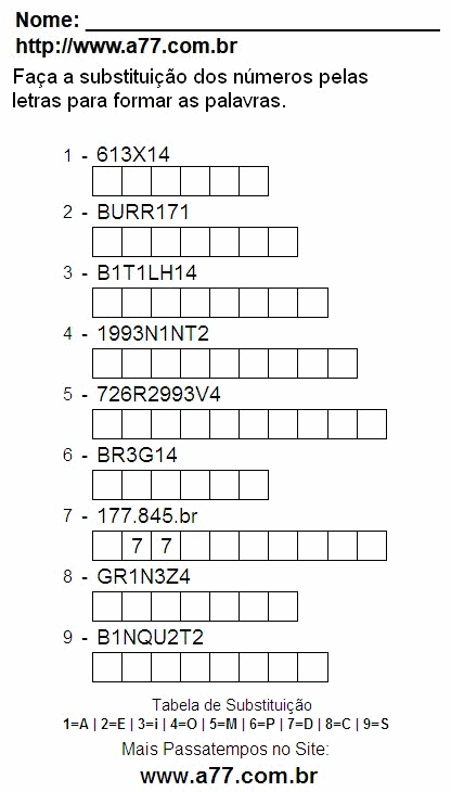 Passatempo Enigma de Letras e Números Para Imprimir