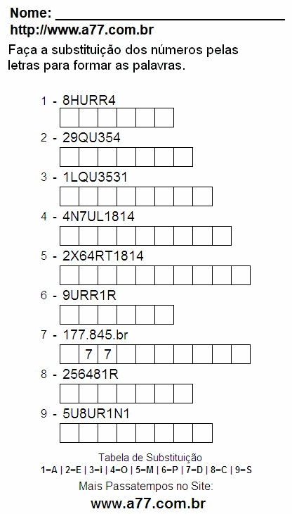 Passatempo Grátis Com Letras e Números Para Ser Impresso