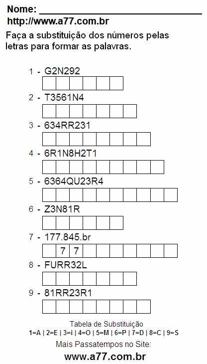 Passatempo de Substituir Nº Por Letras Para Imprimir