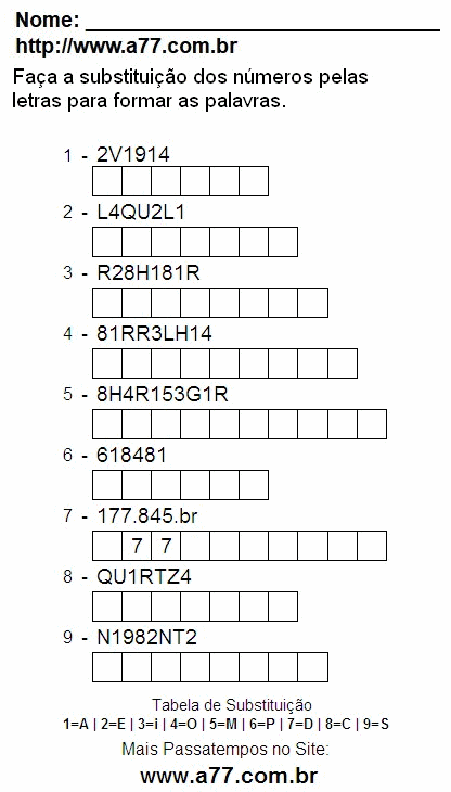 Passatempo Lúdico de Substituir Números Por Letras Para Imprimir