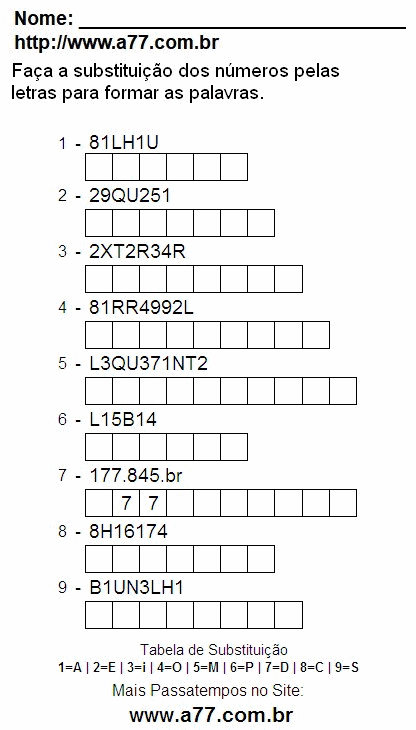 Passatempo Para Ser Impresso Com Letras e Números