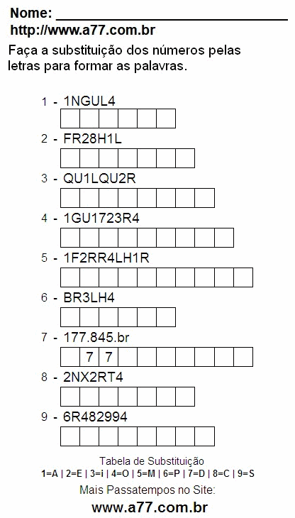 Passatempo Grátis Com Letras e Números Para Imprimir