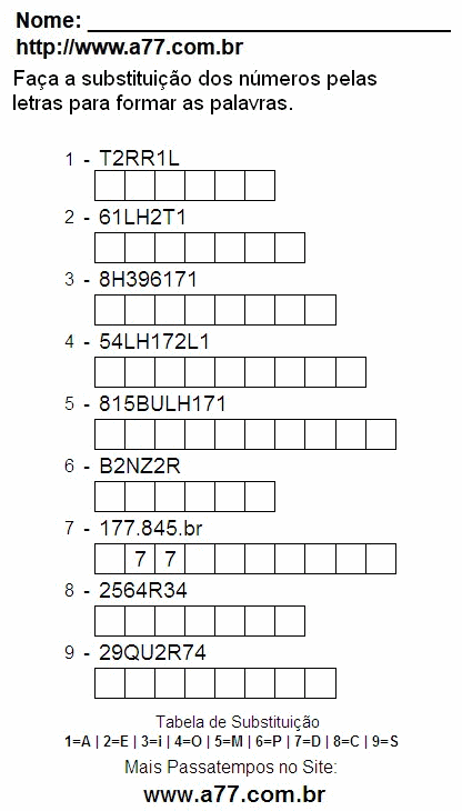 Passatempo de Substituir Números Por Letras Para Impressão