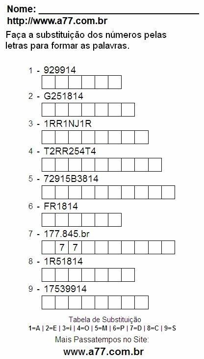 Passatempo Para Imprimir de Substituir Números de 0 a 9 Por Letras