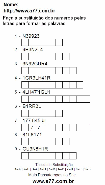 Passatempo Enigma de Letras e Números Para Ser Impresso