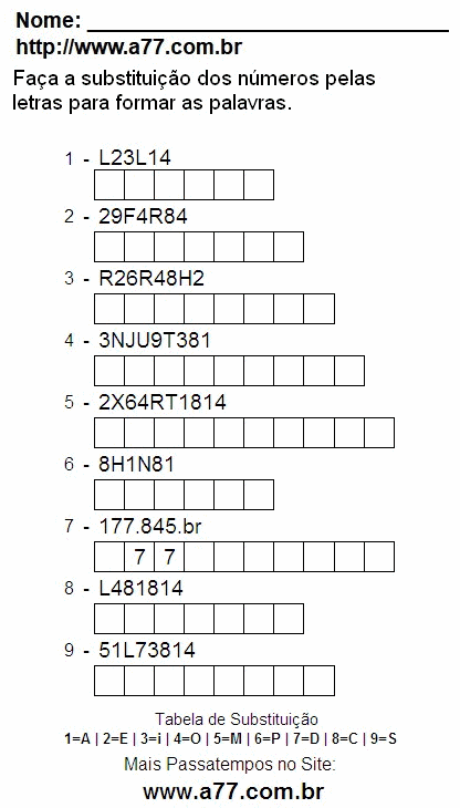 Passatempo de Substituir Nº Por Letras Para Impressão