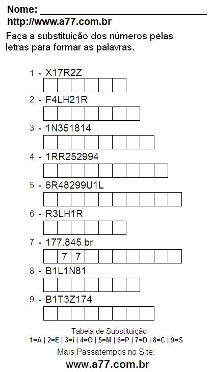 Passatempo Fácil Com Letras e Números Para Imprimir