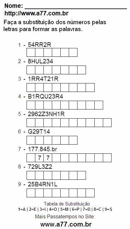 Passatempo de Substituir Nº Por Letras Para Imprimir