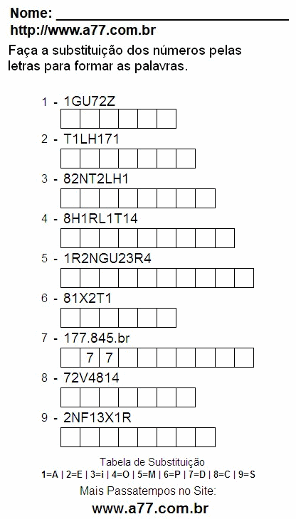Passatempo Com Letras e Números Para Imprimir