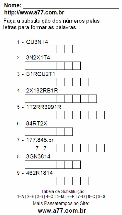 Passatempo Enigma de Letras e Números Para Imprimir