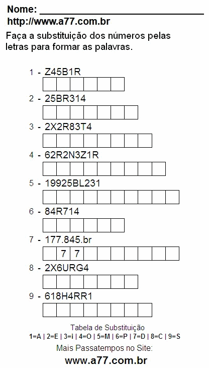 Passatempo de Substituir Números Por Letras Para Imprimir