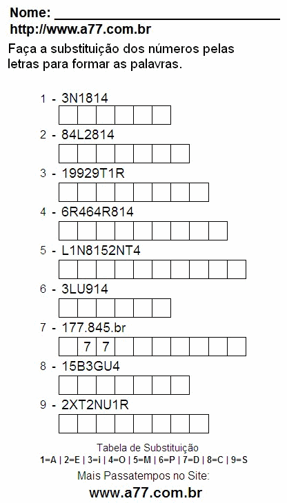 Passatempo Para Ser Impresso Com Letras e Números