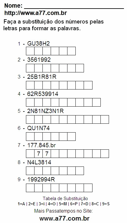 Passatempo Grátis Com Letras e Números Para Imprimir