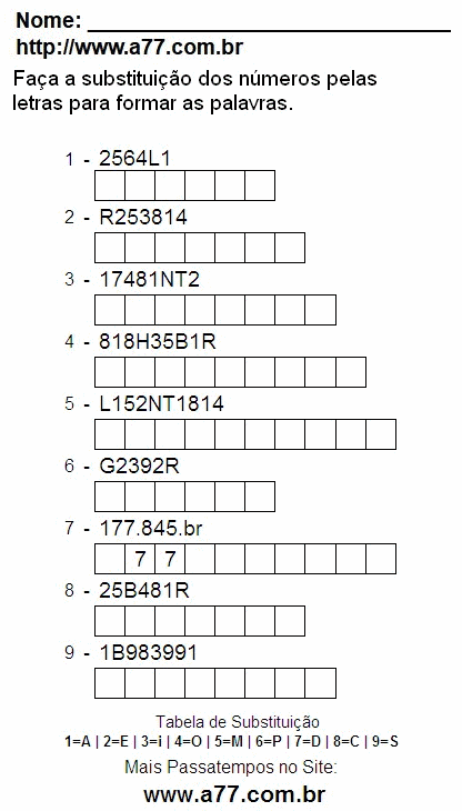 Passatempo Para Imprimir de Substituir Números de 0 a 9 Por Letras