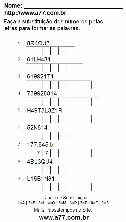 Passatempo de Substituir Números Por Letras Para Impressão