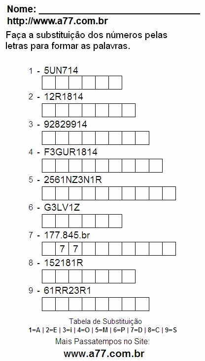 Passatempo Enigma de Letras e Números Para Ser Impresso