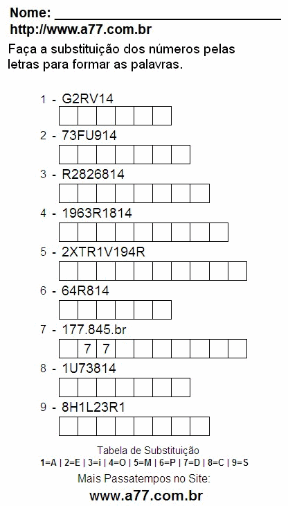 Passatempo de Substituir Nº Por Letras Para Impressão